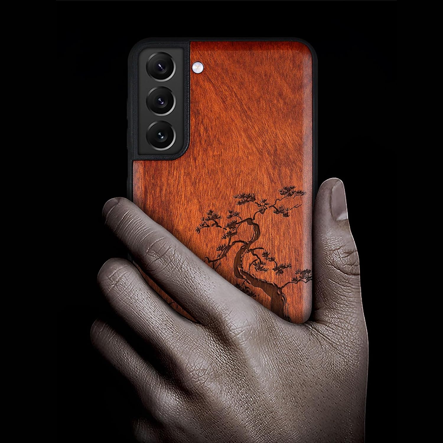 Carveit Wood Case for Galaxy S22 Plus Case [Natural Wood & Black Soft TPU] Shockproof Protective Cover Unique & Classy Wooden Design Compatible with S22 Plus (Majestic Pine Tree-Rosy)