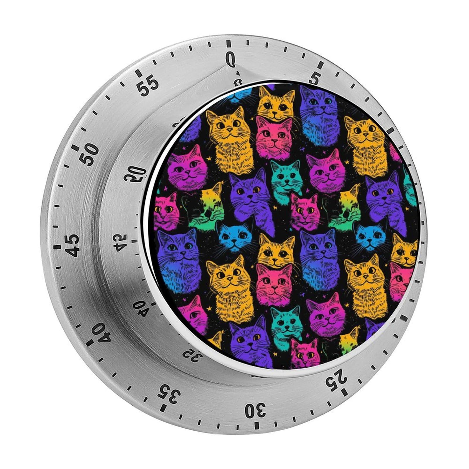 Neon Cat Pattern 60 Minute Wind Up Timer,Visual Mechanical Magnetic Timer with Loud Alarm for Kitchen