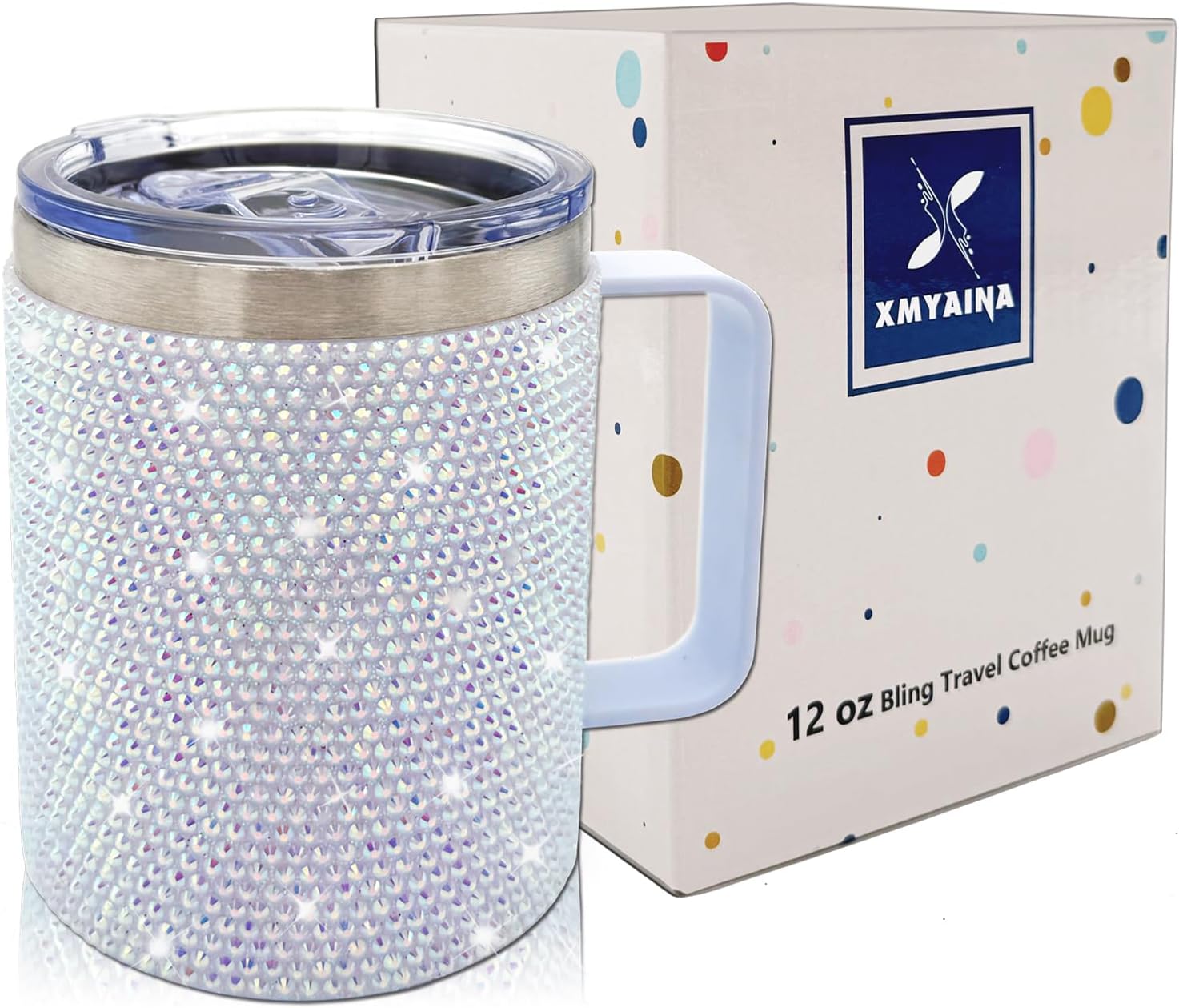 12oz Bling Travel Coffee Mug with Handle and Lid Rhinestone Insulated Coffee Mug Stainless Steel Vacuum Reusable Glitter Coffee Tumbler Thermal Cup for Home and Office (Pearl) - Image 2