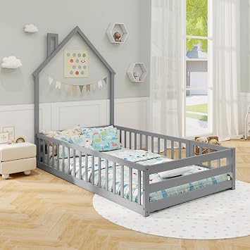 Twin Floor Bed, Montessori House Bed, Floor Kid House Bed Frame with Fence, No Box Spring Needed, Wood Twin Size Platform Bed Frame for Boys, Girls Gray