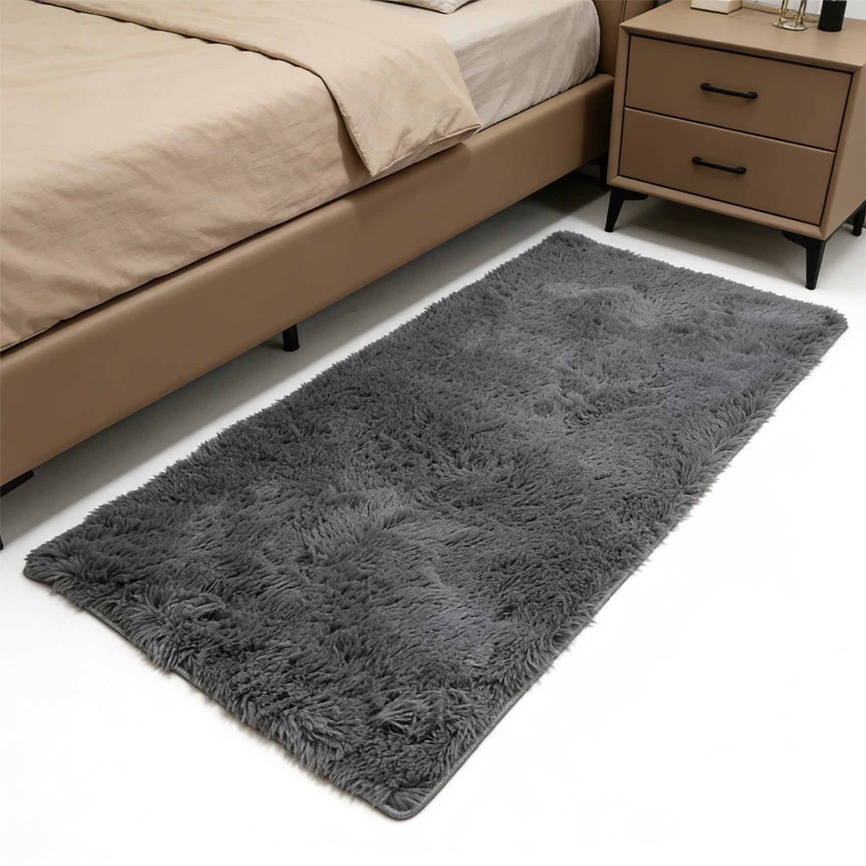 Tapis chambre 149x180 cm gris à poils longs et doux moelleux