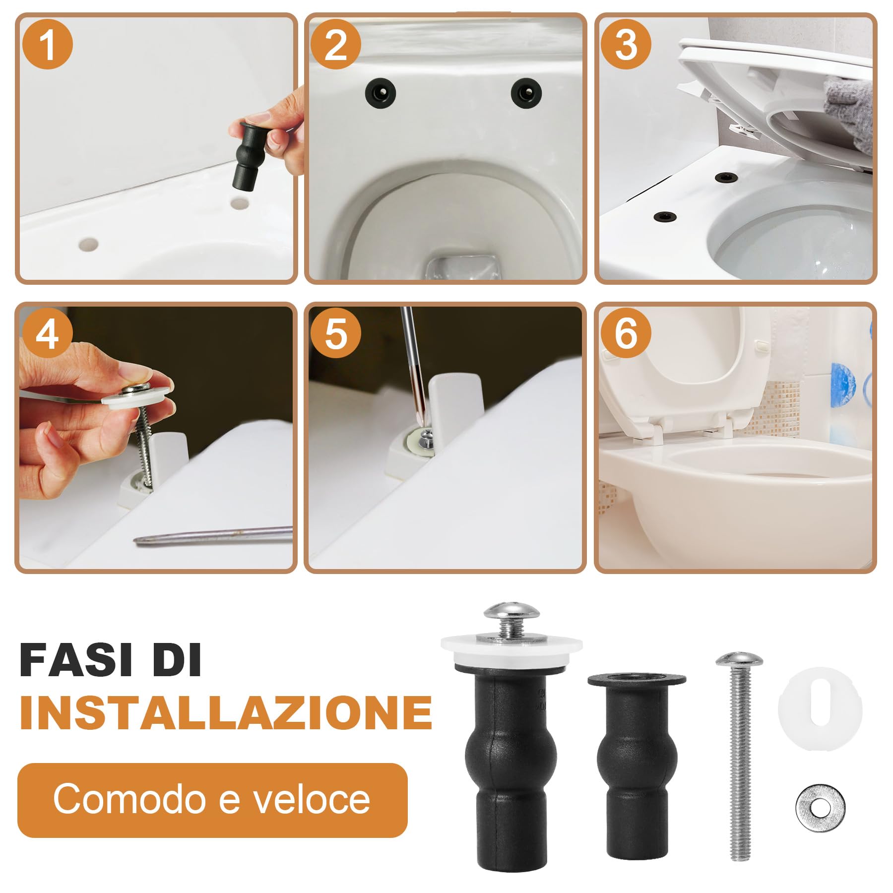 8 Pezzi Kit Fissaggio Universale per Sedile WC, Viti per Tavoletta WC con Gomma Espandibile e Acciaio Inox 304, Set di Ricambio per Cerniere Copriwater, Adatto per Fori 14-18mm