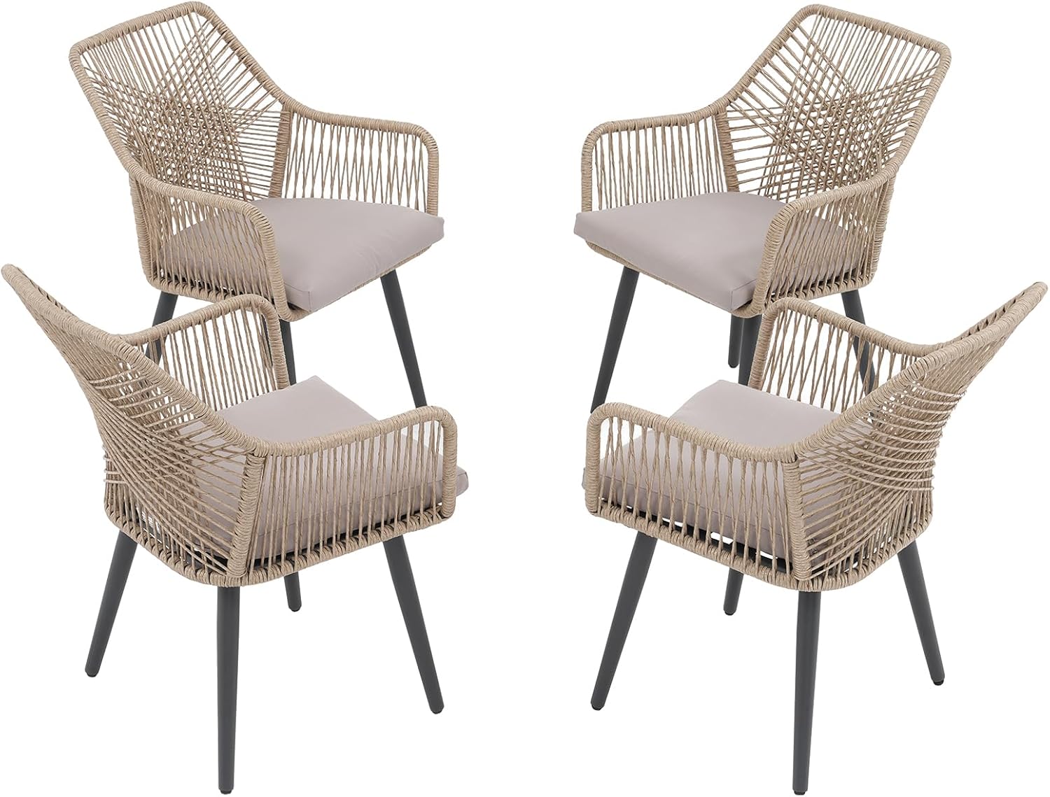 JOIVI Outdoor Dining Chairs Set of 4, 4 Pieces Woven Rope Patio Chairs with Armrest and Seat Cushions for Outside Porch, Balcony or Indoor Kitchen, Restaurant, Tan