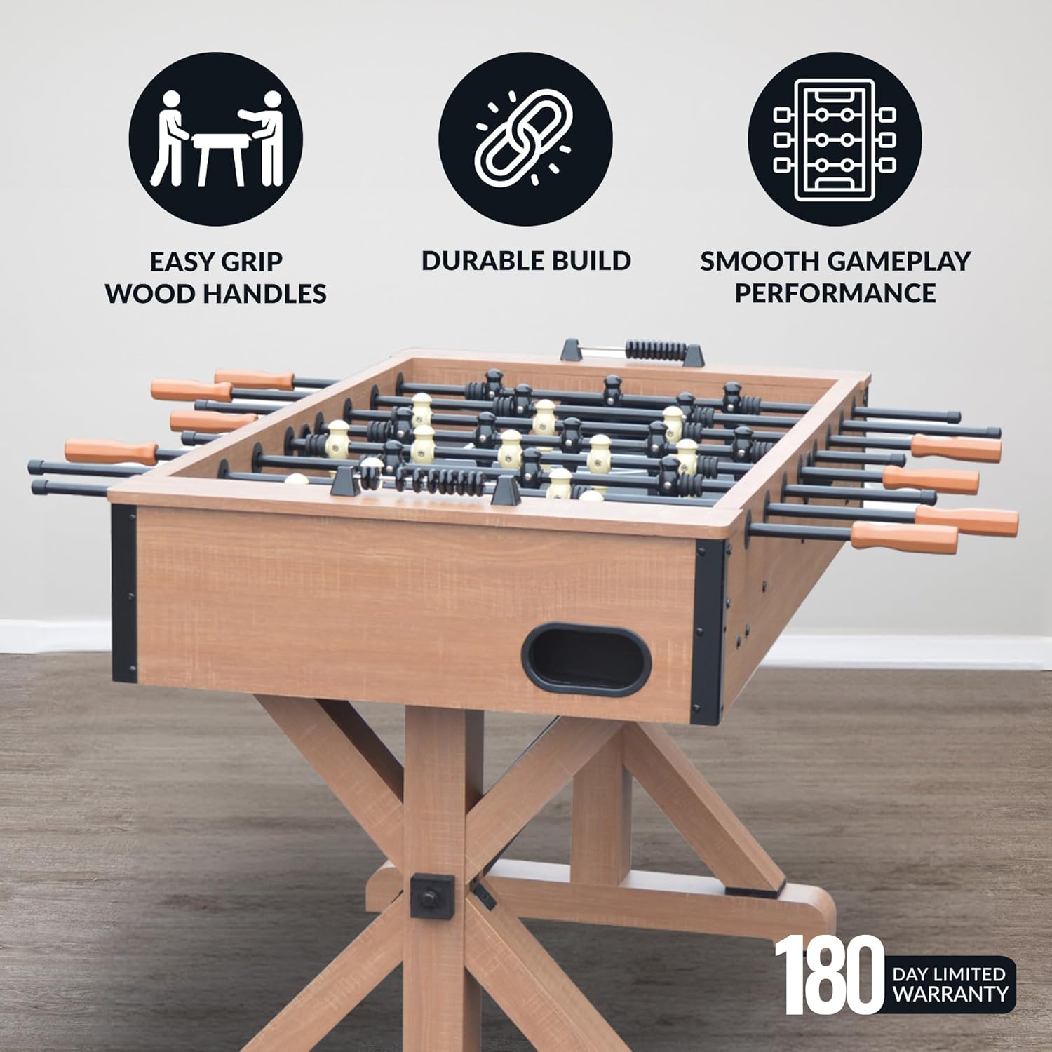 Hathaway Daulton 55-In Foosball Table for Game Room - With Urban Oak Melamine Finish, Trestle-Style Base, Black Steel Rods, Octagon Handles & Built-In Ball Returns - Oak/Black Finish