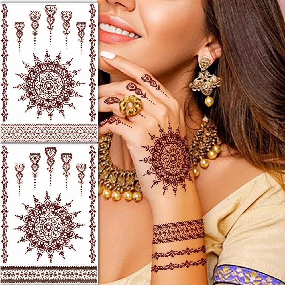 S.A.V.I 2 Sheets, Henna Tattoo Stickers, Natural Mehendi Color, Waterproof, 21x15cm for Women's Hands & Body