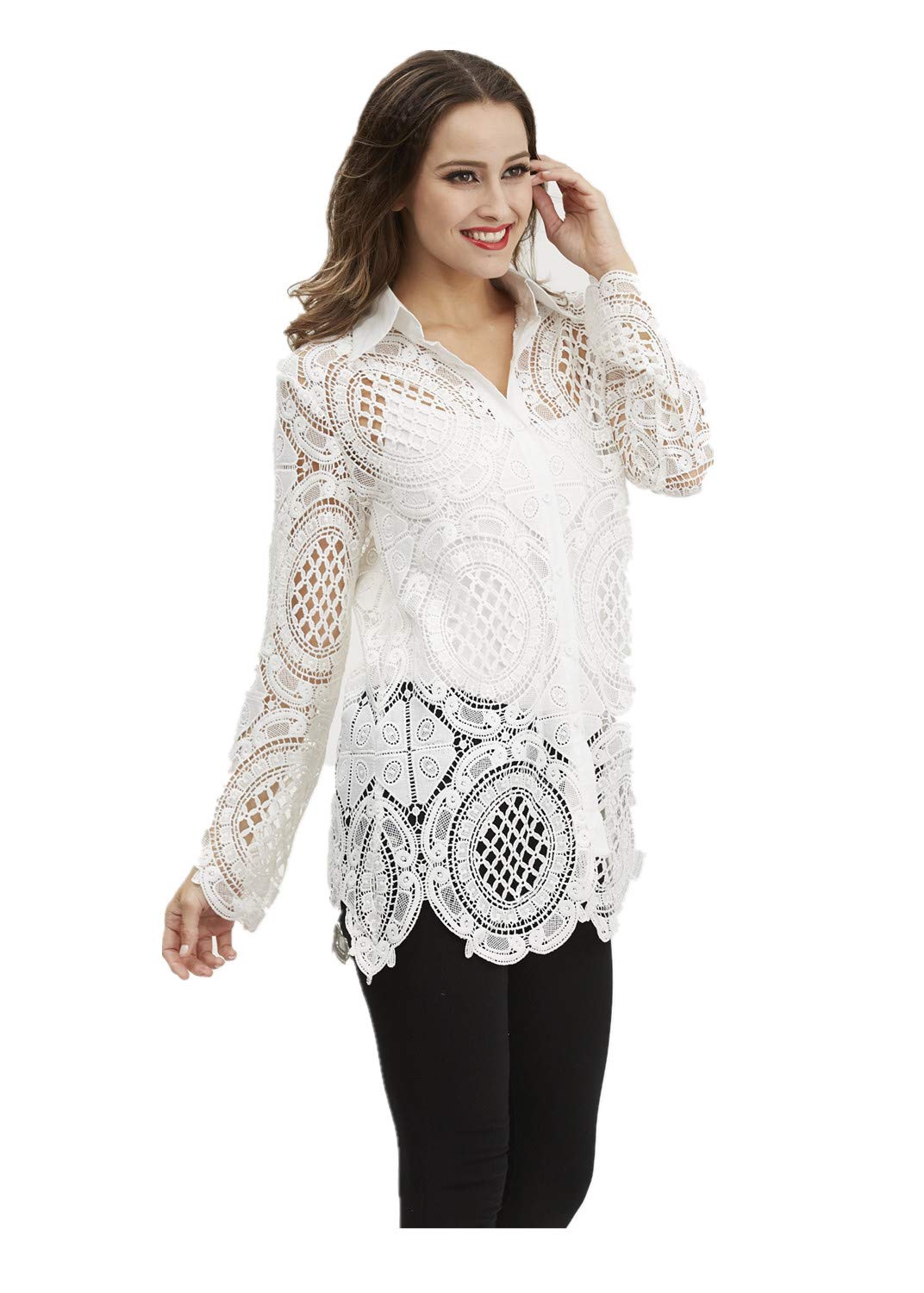 SIMPLY COUTURE Women's Long Sleeve Floral Mesh Button Down Blouse