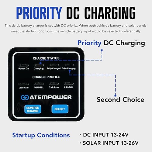 Miniatura 3 de ATEM POWER Cargador de batería de 25 A 12 V CC a CC con enchufe Anderson Carga inversa MPPT para AGM, gel, calcio, plomo ácido, baterías LiFePO4 de