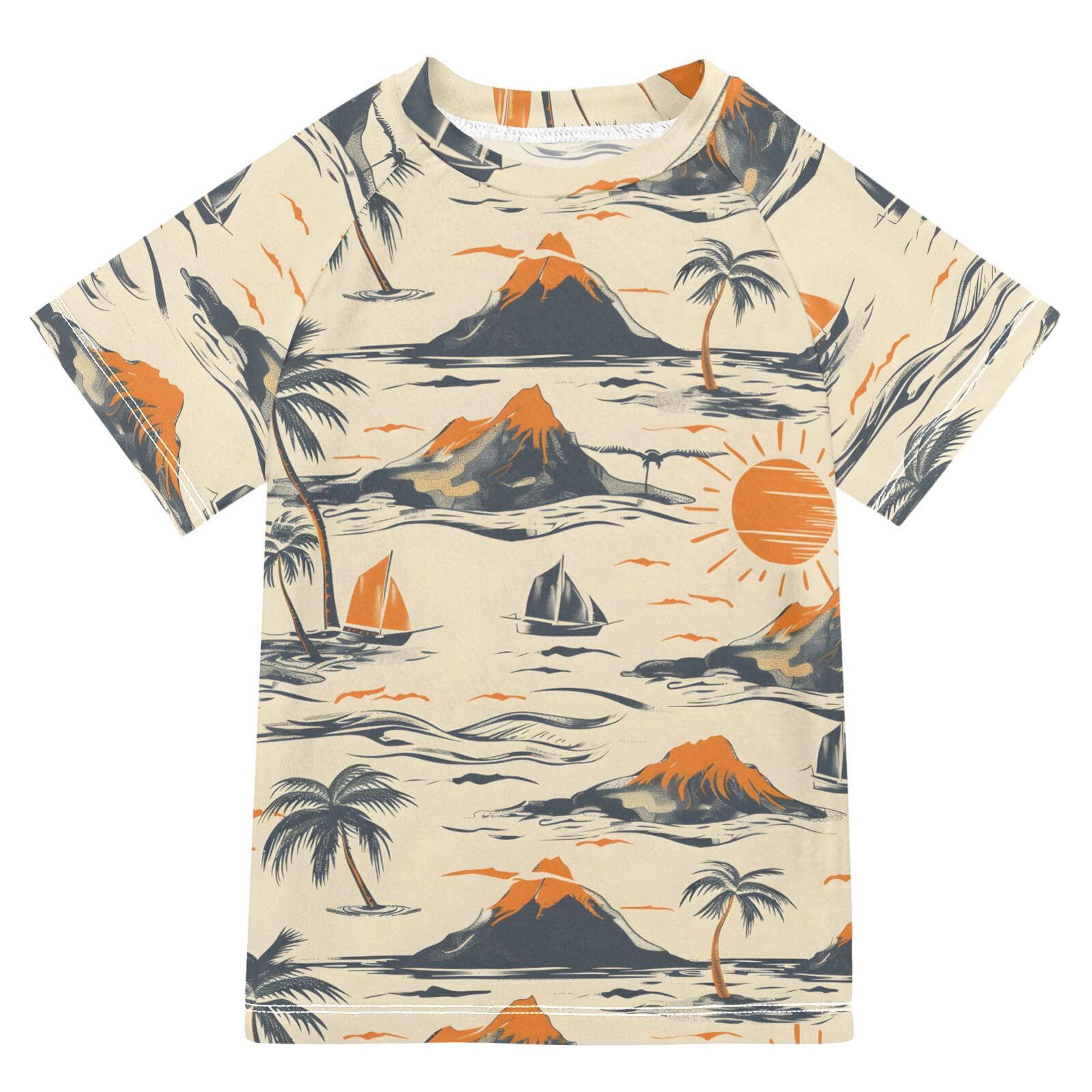 ALAZA Kids Rash Guard Toddler Swim Shirt Boy Girls Palm Tree Sailing UPF 50+ Short Sleeve 4T
