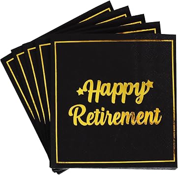 Vuzvuv 50 Pack Happy Retirement Cocktail Napkins - Disposable Paper Hand Napkins for Retirement Parties Farewell Gatherings Office Send-Off Party Decorations Table Decor 5" Folded 2 Ply - Black