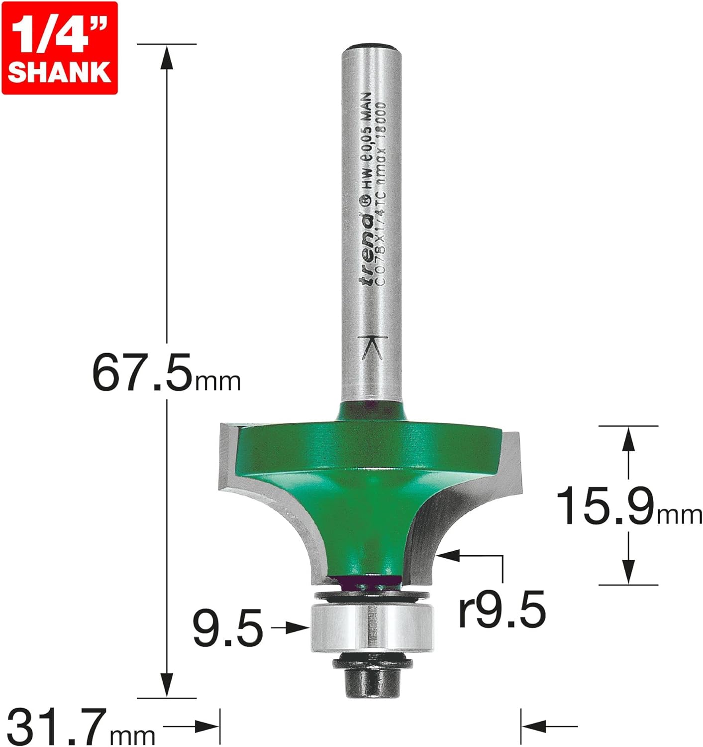 Trend CraftPro Guided Rounded Over Cutter Router Bit, 1/4 Inch Shank, 3/8 Inch Radius & 5/8 Inch Cut Length, Tungsten Carbide Tipped, C078X1/4TC