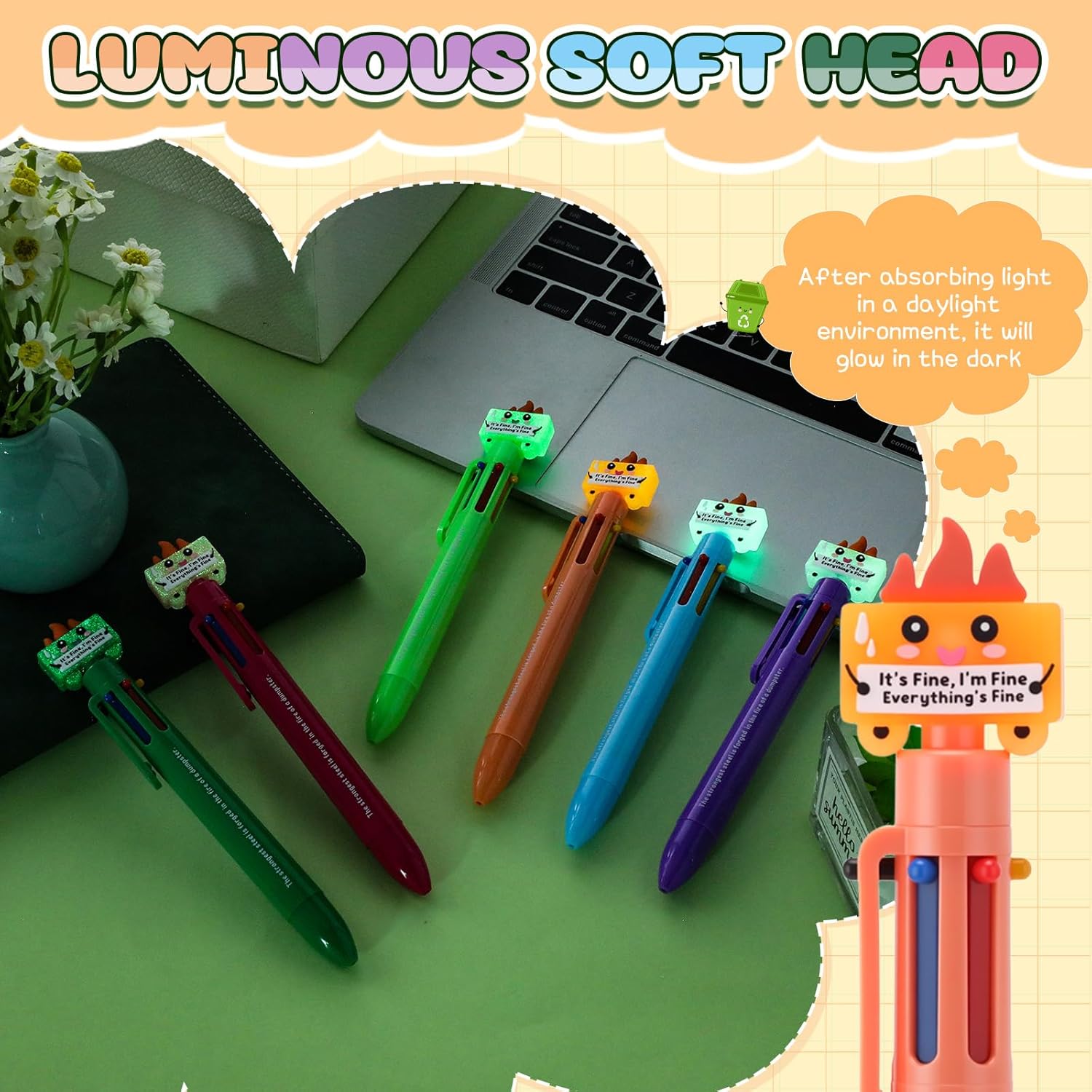 24 Pcs Coworker Thank You Gifts Luminous Dumpster Fire Pens Bulk 6-in-1 Multicolor Ballpoint Pens Funny Emotional Support Employee Appreciation Gifts for Staff Team (Multicolor) - Image 3