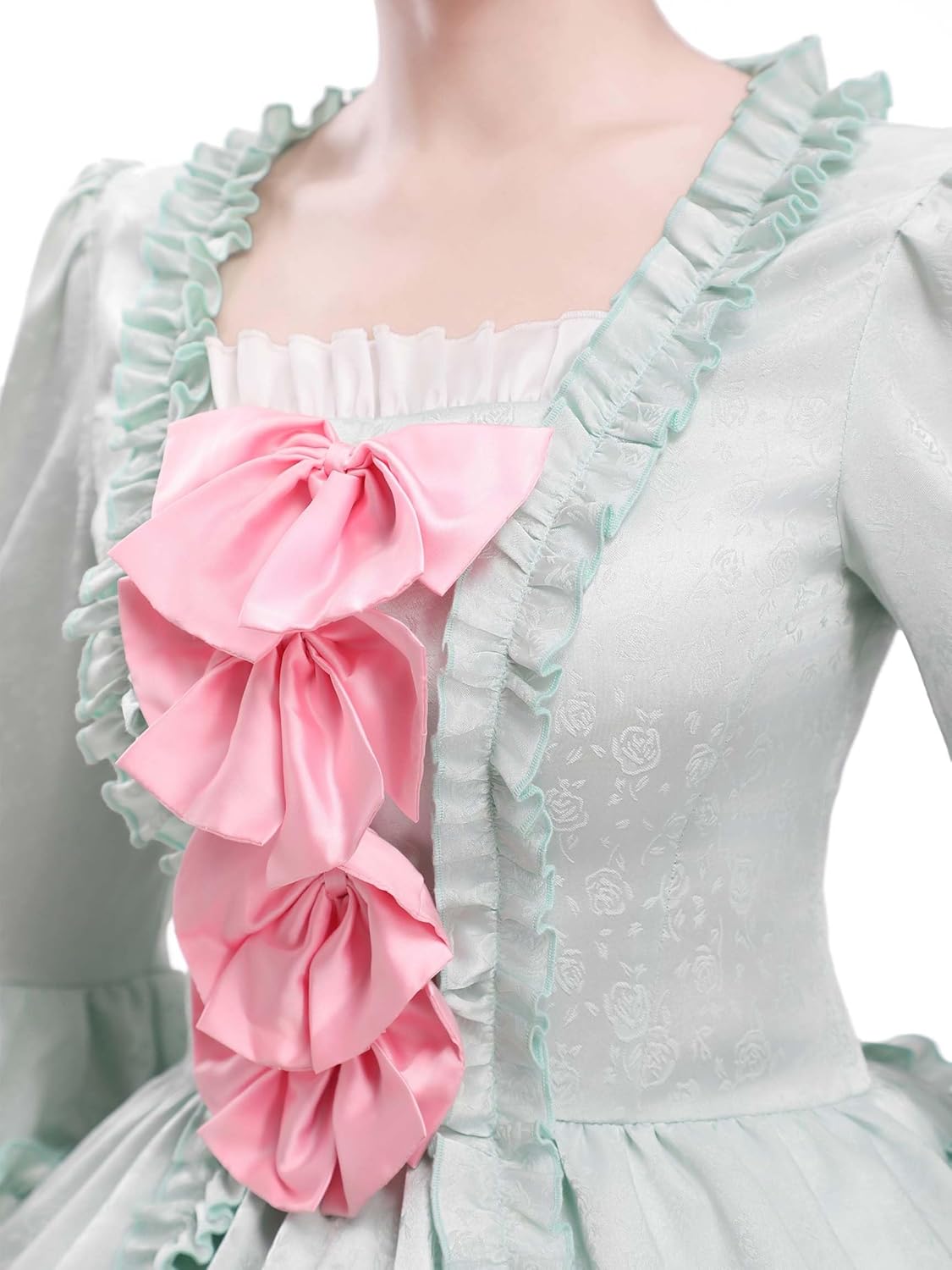 Medieval Renaissance Dress Pompadour Mint Green Mini Dress Satin Rococo Vintage Dress with Pink Bow - Image 6