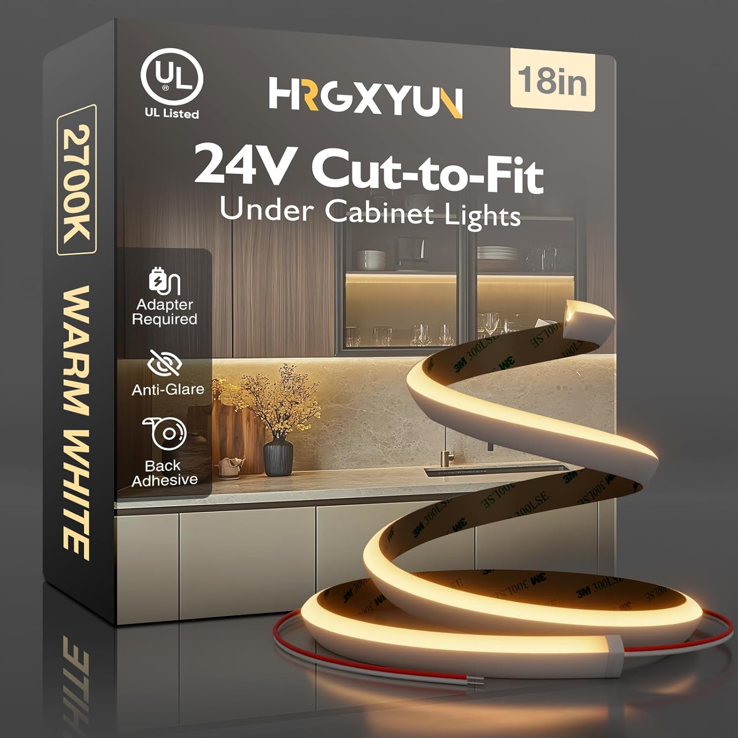 Hardwired LED Cabinet Lighting Strip - UL Listed 24V Flexible Under Shelf Light with Adhesive Backing, 2700K Warm White 810LM/M LED Strip for Closet, Pantry,18in/1.5ft，Power adapter not included