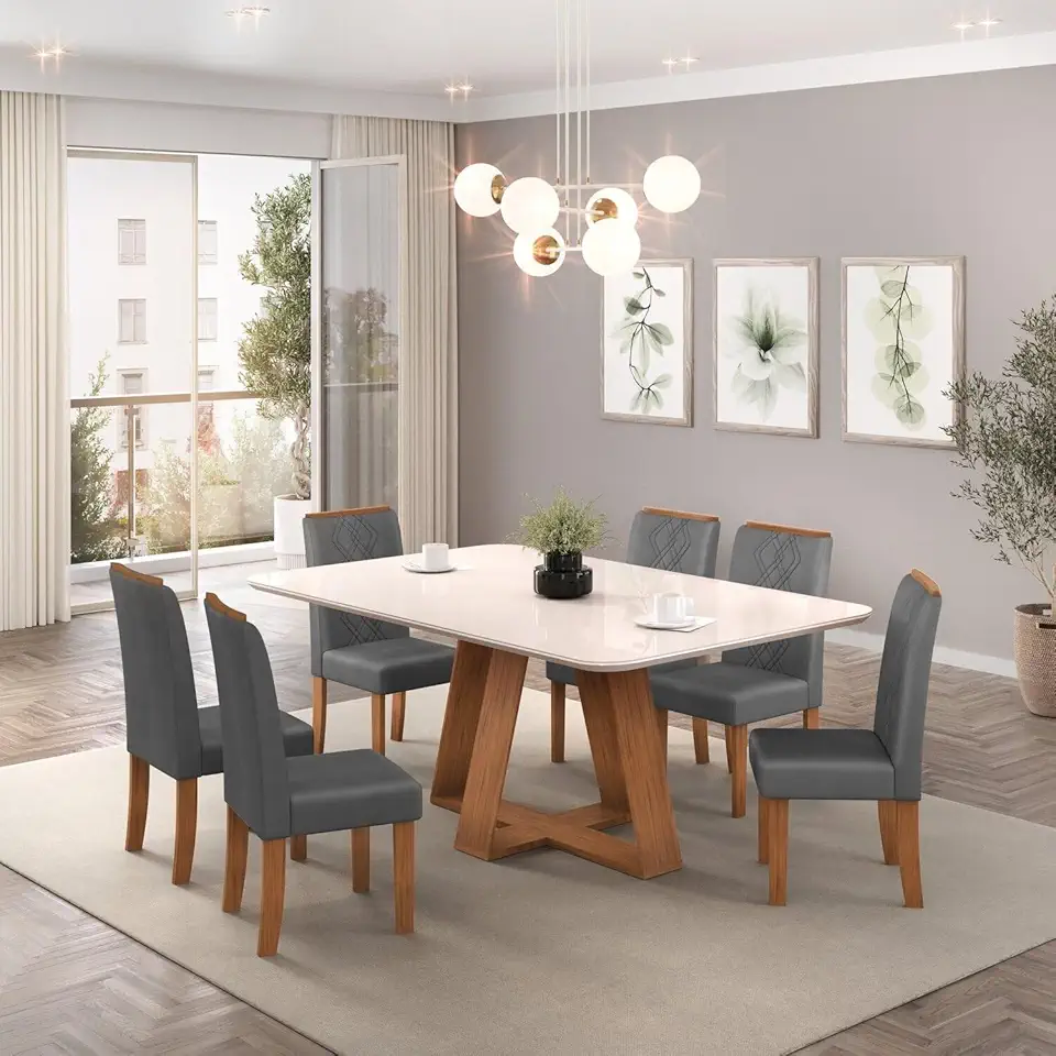 Conjunto Sala de Jantar Mesa Tampo de Vidro MDF Kiara com 6 Cadeiras Ayla
