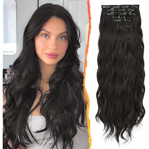 BARSDAR 20 Inch Wavy Clip in Hair Extensions – 5PCS Thick Soft Synthetic Hairpieces – Black Brown Full Head Clip in Hair Extensions for Women – Long Voluminous Easy Wear for Daily Party Halloween