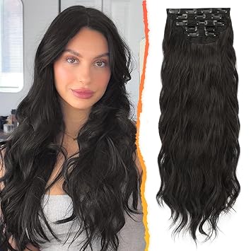 BARSDAR 20 Inch Wavy Clip in Hair Extensions 5PCS Thick Soft Synthetic Hairpieces Black Brown Full Head Clip in Hair Extensions for Women Long Voluminous Easy Wear for Daily Party Halloween