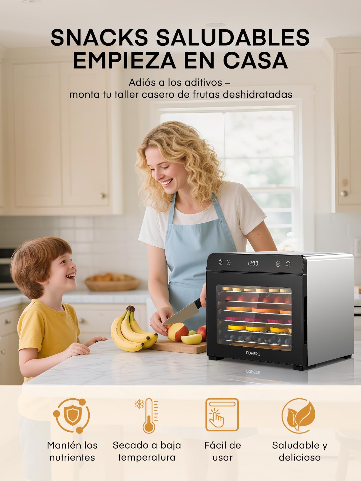 FOHERE Deshidratador de Alimentos Profesional 8 Bandejas Acero Inox., Silencioso <40dB Uso Nocturno, Control Temp. 35-75°C Temp. 48h, Frutas Verduras Cecina Setas Hierbas Snacks Bebé Sin BPA