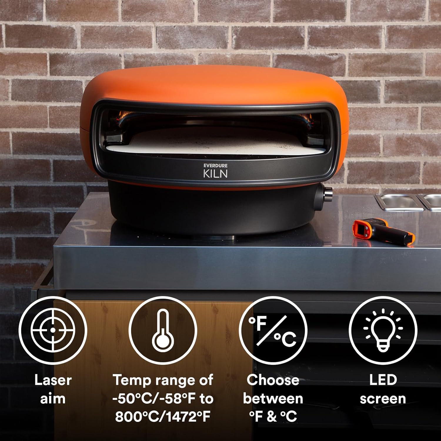 Diagram showing key features of the Everdure Infrared Temperature Gun: laser aim, temperature range, Celsius/Fahrenheit selection, and LED screen.