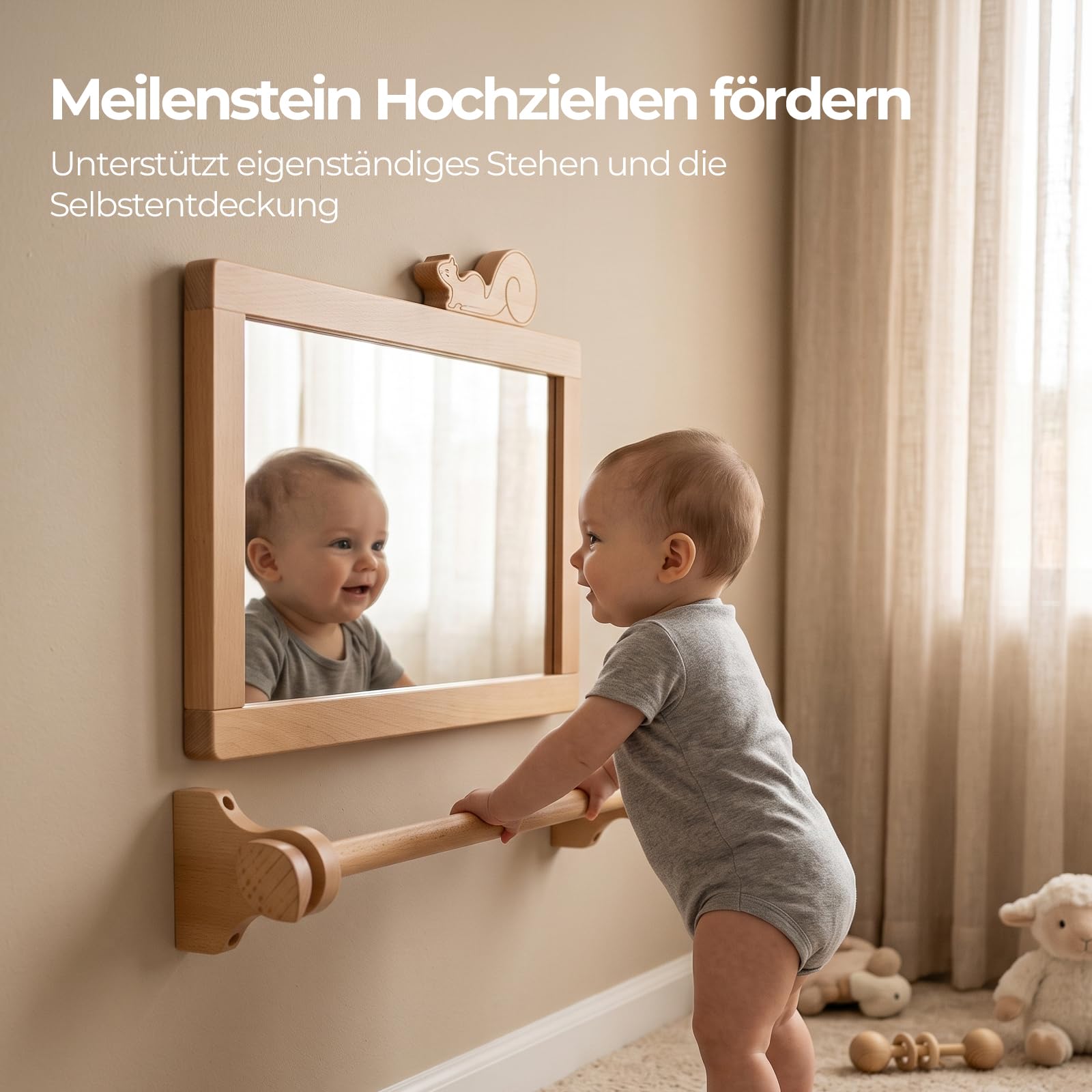 let's make Montessori Spiegel mit Haltestange, Verzerrungsfreier Baby Spiegel für Bauchlage, FSC-Holz Krabbelspiegel & Motorikspielzeug ab 6 Monate 60x40cm