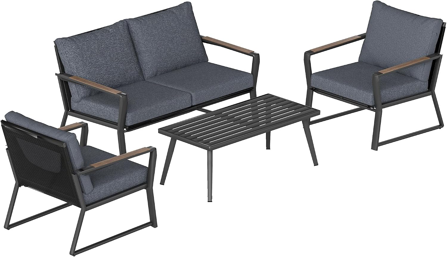 Outsunny 4 Piece Patio Furniture Set, Aluminum Conversation Set, Outdoor Garden Sofa Set with Armchairs, Loveseat, Center Coffee Table and Cushions, Dark Grey