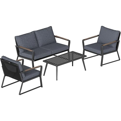 Outsunny 4 Piece Patio Furniture Set, Aluminum Conversation Set, Outdoor Garden Sofa Set with Armchairs, Loveseat, Center Coffee Table and Cushions, Dark Grey