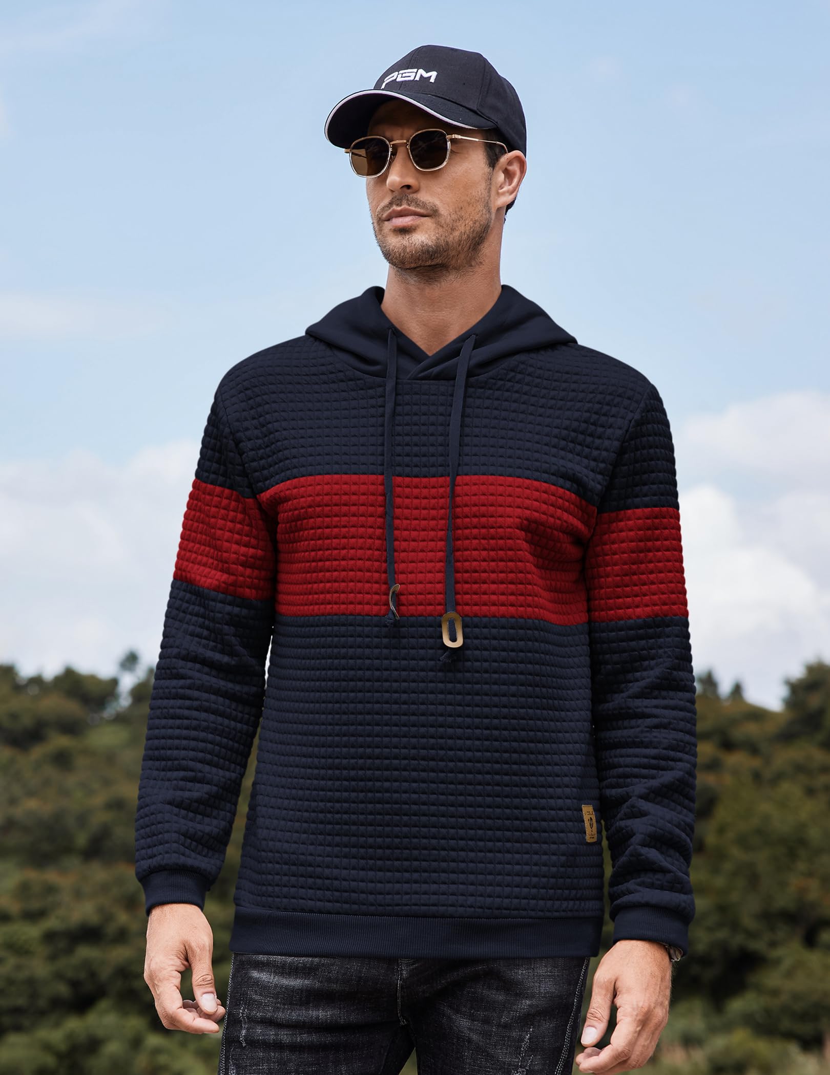 COOFANDY Męska bluza z kapturem z długim rękawem, sportowa bluza z kapturem, broń, klasyczna bluza ze ściągaczem, sweter roboczy, ciemnoniebiesko-czerwony, L, ciemnoniebieski-czerwony, L