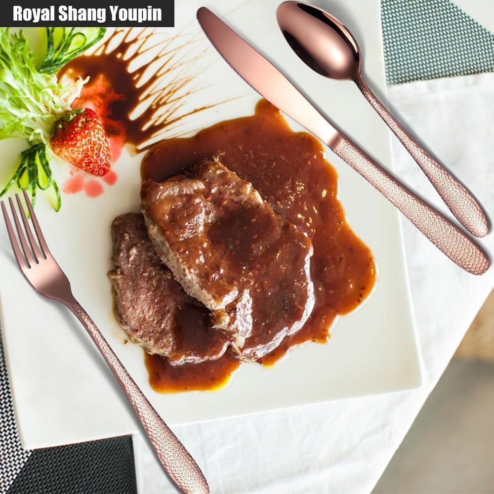 Hammer Strike Snakeskin Pattern Handle Kitchen Stainless Steel Silverware Tableware Flatware Cutlery Set Steak Knife Fork Spoon Teaspoon (Rose Gold,16 pieces)