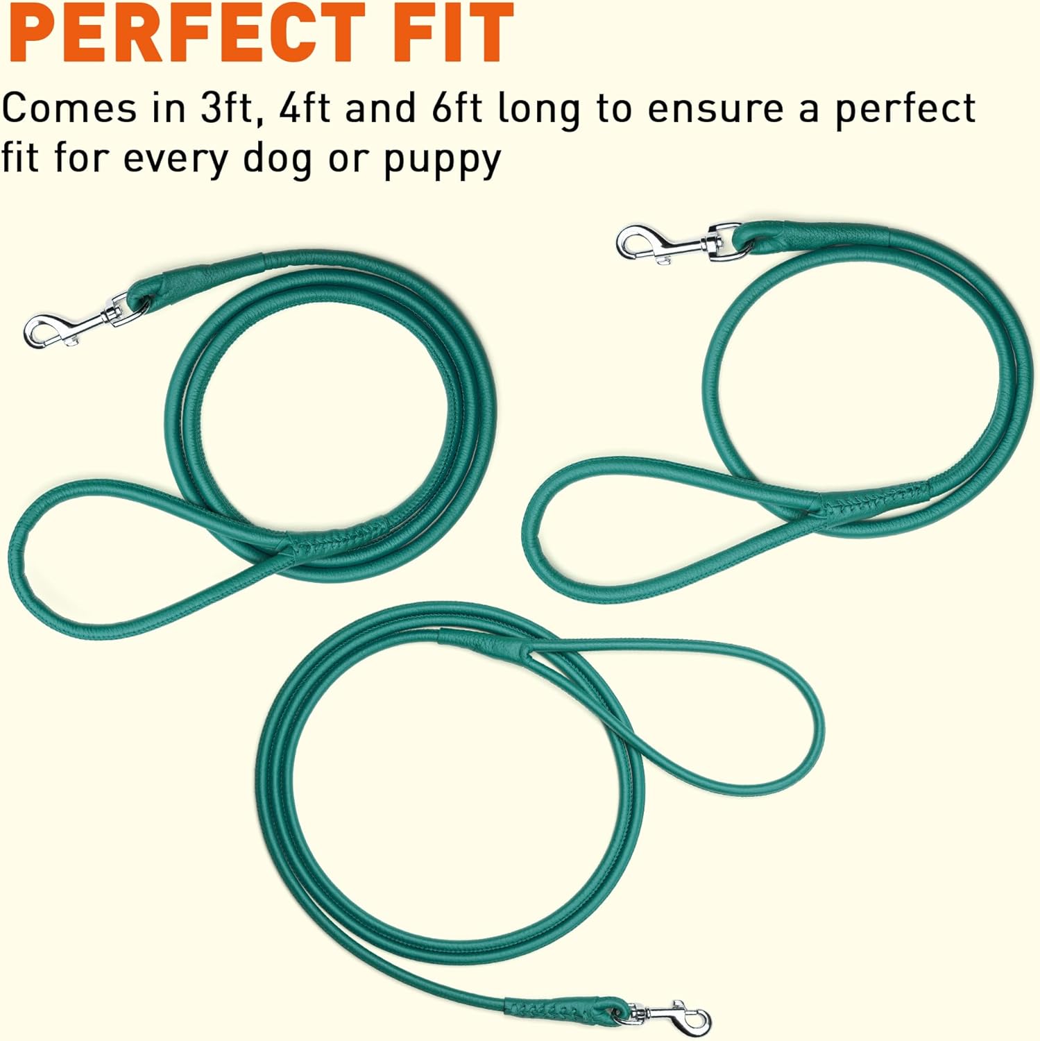 Dogline Soft and Padded Rolled Round Leather Leash for Dogs W3/8" - L48, Teal