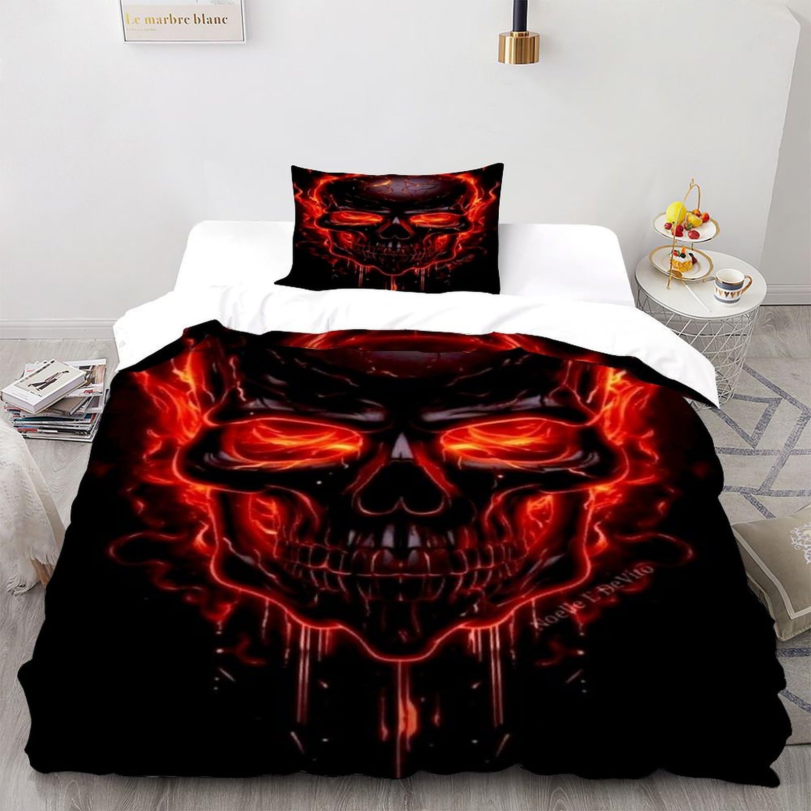 Housse de couette microfibre 135x200cm lit une place motif imprimé squelette