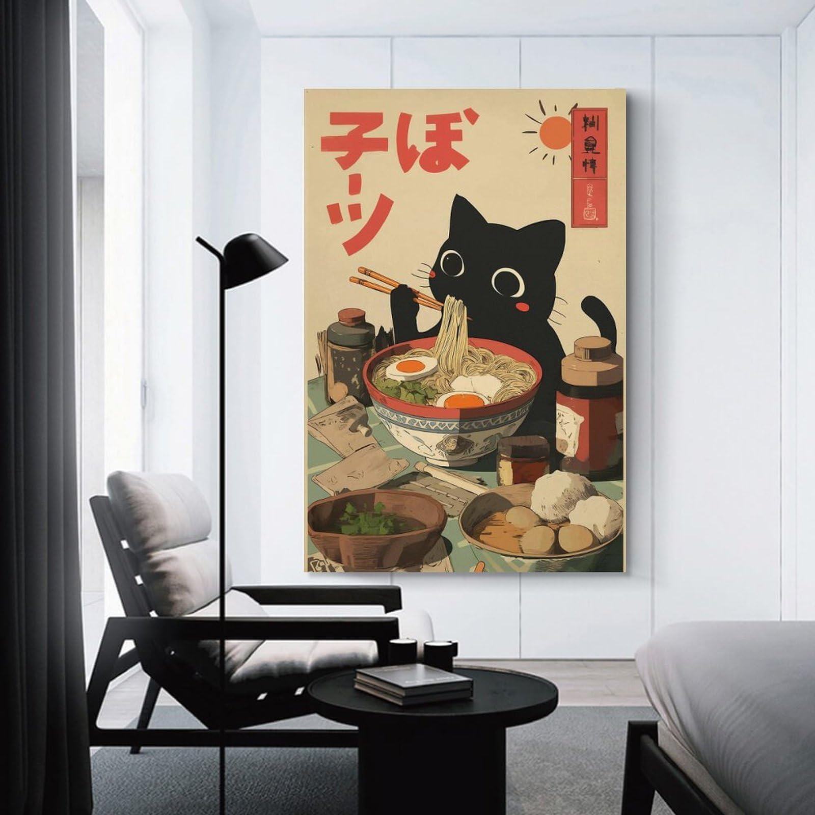 Junmoney Canvas Art Print Black Cat Eating Ramen, 20x30inch(50x75cm), for Office, Study Or Home Workspace, Decorative Artwork for Productive Spaces