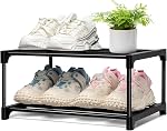 Small Shoe Rack Stackable Shoe Rack Small 2 Tier, Black Shoe Racks Storage Organizer, Durable Shoe Stand Metal Shoe Rack for Narrow Space Closet Entryway Hallway
