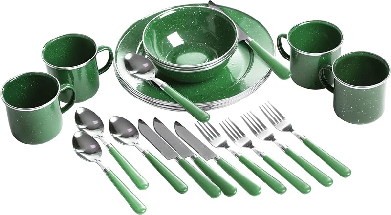Deluxe 24-Piece Enamel Tableware Set - Enamel Plates and Bowls Lightweight and Durable Camp Dish Set for Camping and Backpacking Plates and Bowls for 4 People