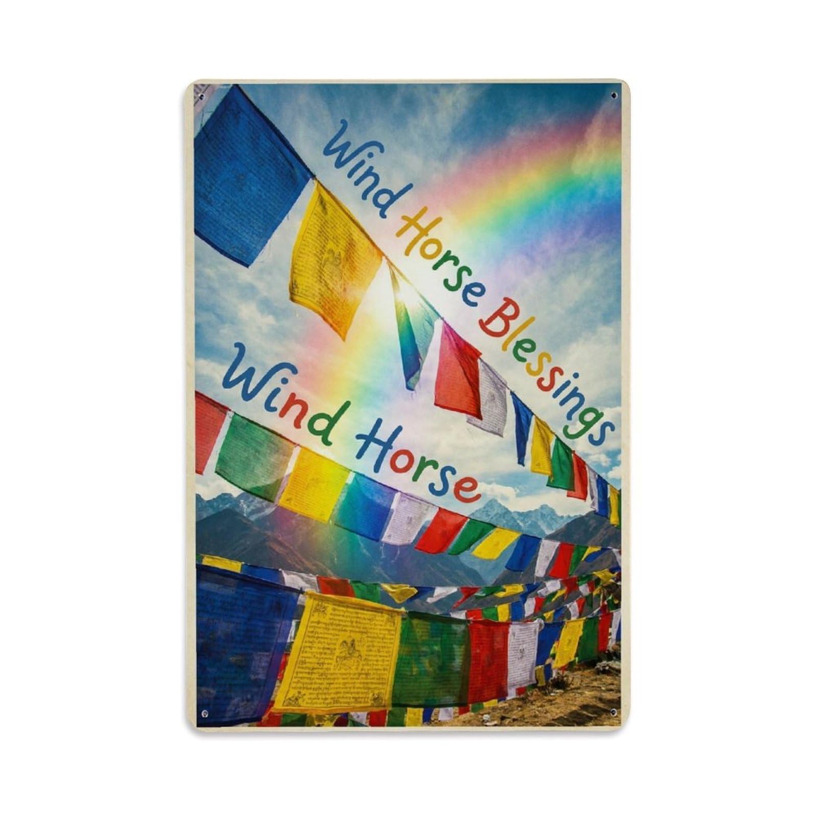 Himalayan Buddhist Prayer Flags Wind Horse Blessings Heritage Metal Tin Sign Plaque Wall Decor for Cafe, Man Cave, Club Bar, Office, Home Garden Round Metal Poster 8x12Inch