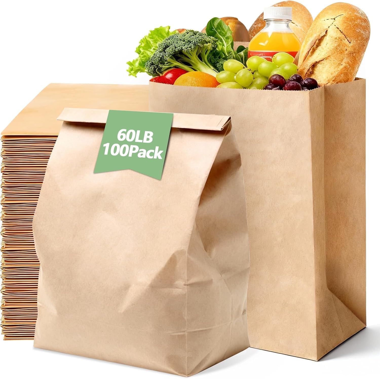 100 Pack Large Brown Paper Grocery Bags 12x7x17 Inch, Heavy Duty 60 Lb Kraft Paper Bags for Shopping, Lunch, Takeout, Retail &Recycling