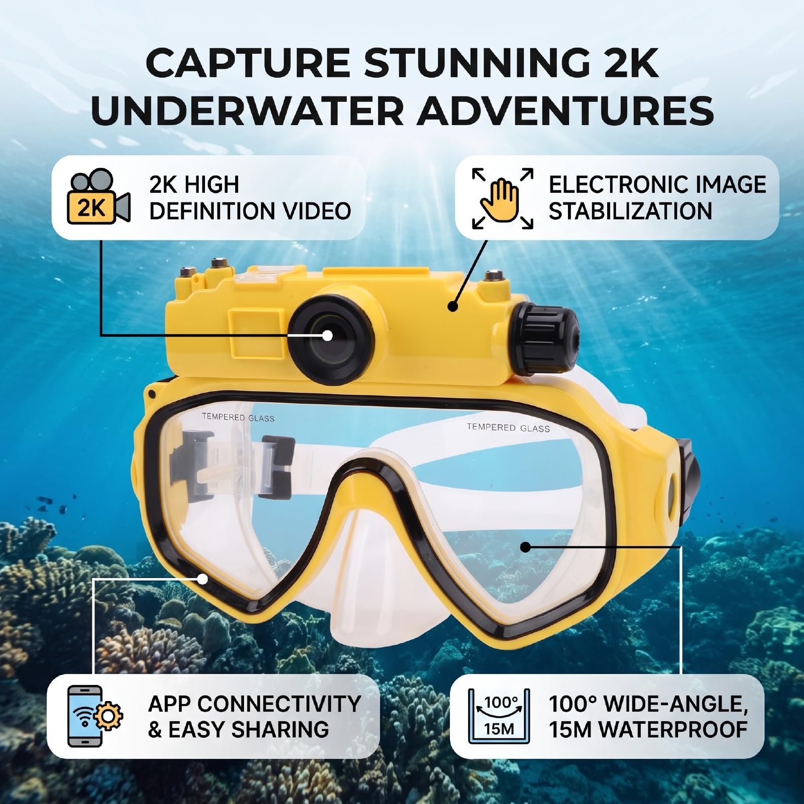 Gafas de Buceo para Snorkel con Cámara 2K 5MP | Gafas de Natación para Apnea, Resistente Al Agua, 15M, Gran Angular de 100 Grados, Antivibración, Aplicación WiFi