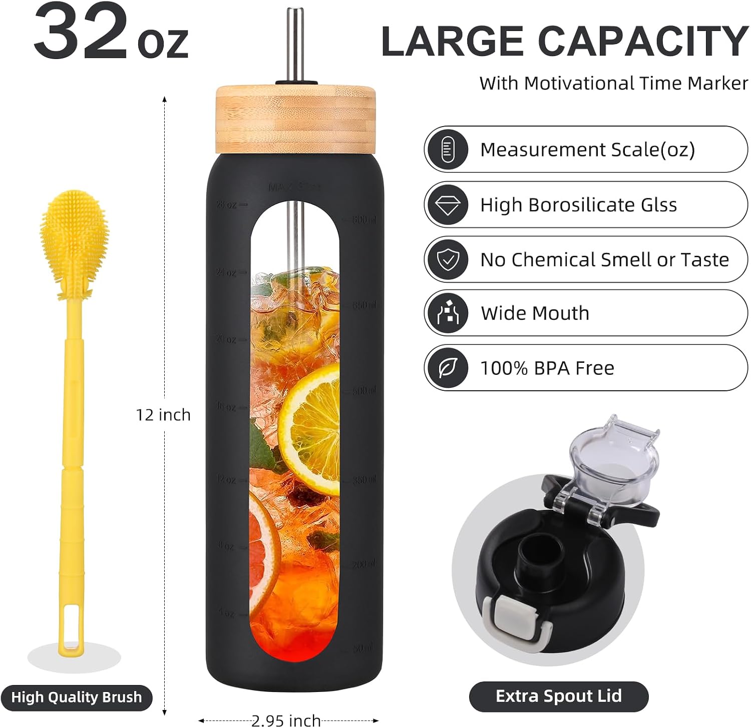 32 oz glass water bottle - 1 Litter Motivational Tumbler With Time Marker - Borosilicate Glass Water Bottles With Silicone Sleeve and 2 Lids - Handle Spout Lid & Bamboo Straw Lid image 2