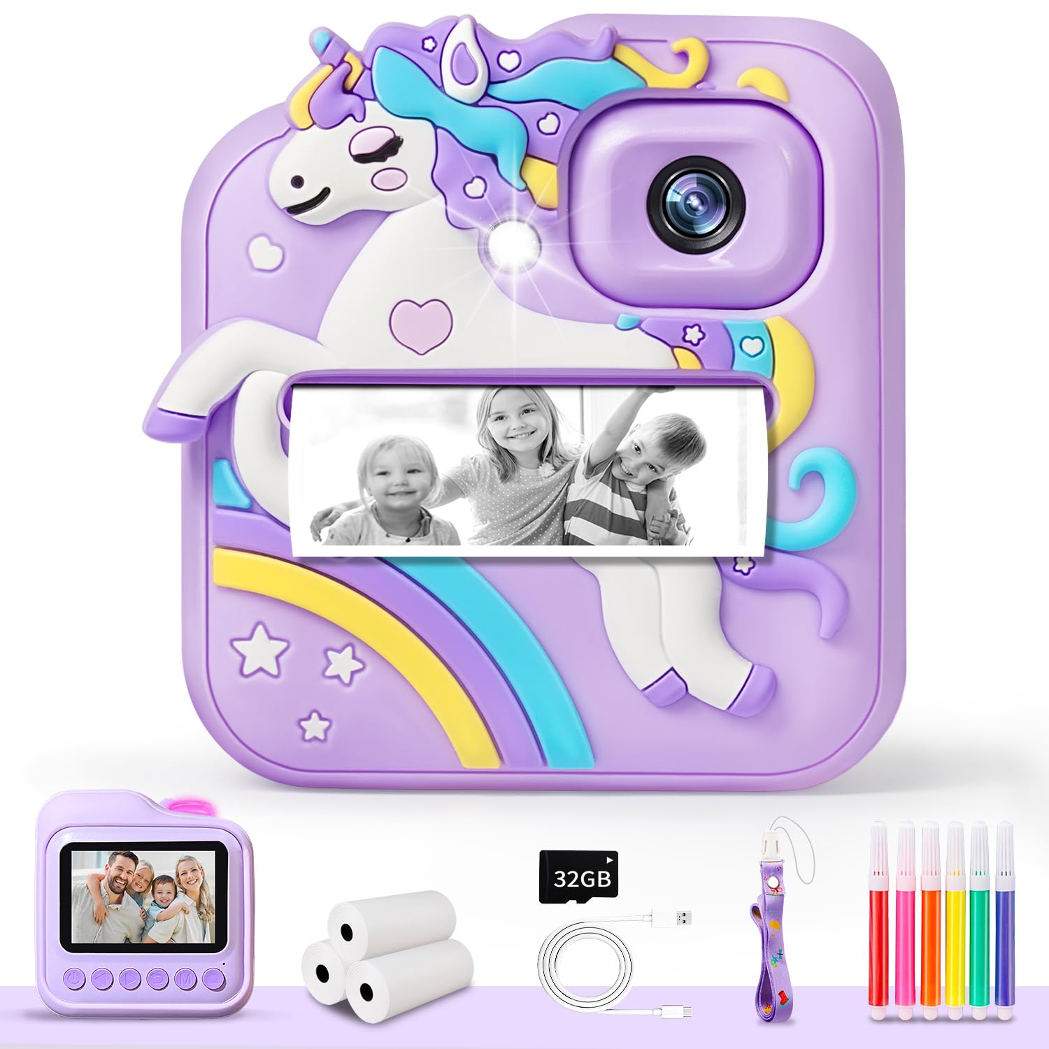 Kids Camera Instant Print, 48MP&1080P Kids Digital Camera with Silicone Cover & 3 Rolls Print Paper DIY Pens & 32G Card, Christmas Birthday Gifts for