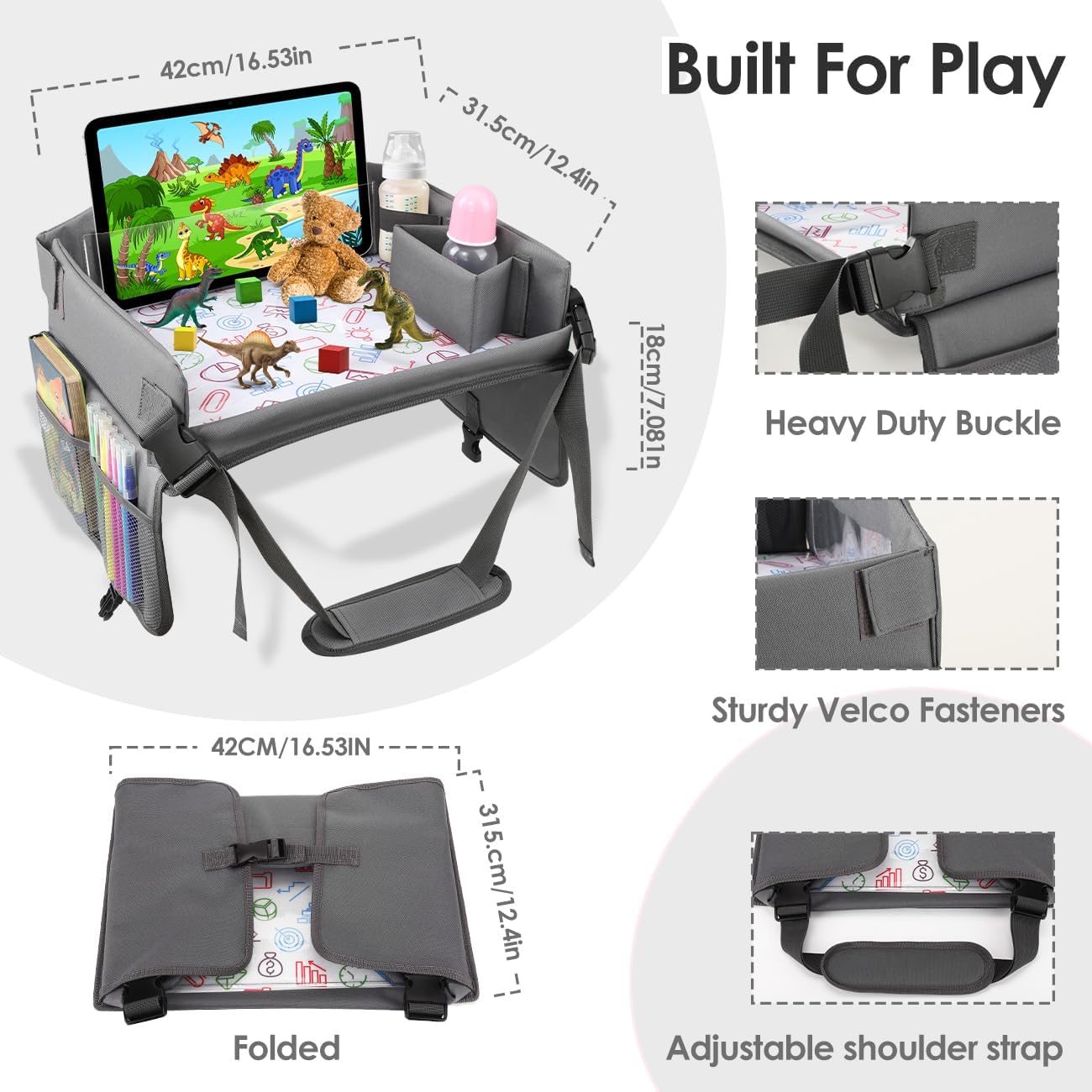 Zooawa Kids Travel Tray, Car Seat Tray for Kids Toddlers Car Seat, Toddler Car Seat Lap Tray, Road Trip Essentials Activity Table, Carseat Table Tray for 36M+ Kids Road Trip Activities, Gray