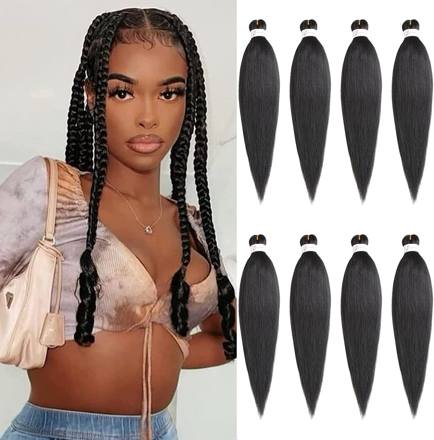 Xtrend 8Packs Easy Braids Pre-stretched Braiding Hair 20 Inch EZ Braiding Hair Professional Hot Water Setting Synthetic Fiber for Crochet Braiding Hair Yaki Texture Braiding Hair Extensions for Women