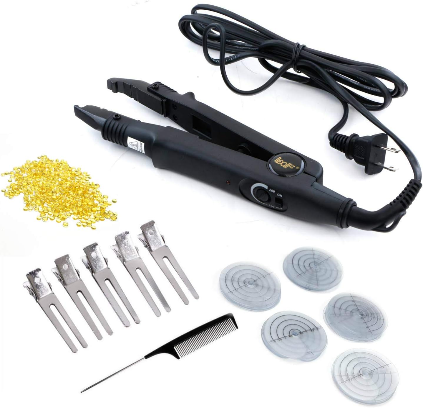 Professional Hair Extensions Tool Fusion Heat Iron Connector Wand Melting Tool With 50g Yellow Sticks,Hair Clips Protect Scalp Guards and Comb (Black)