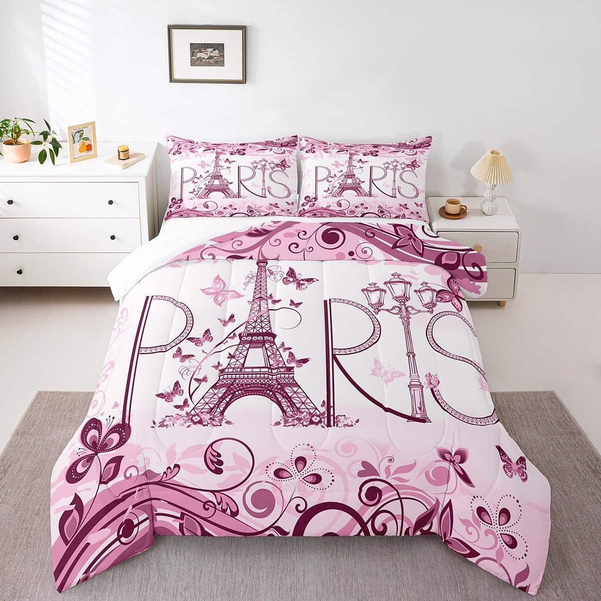 Manfei Paris Comforter Set Full Size, Pink Floral Eiffel Tower Quilt Set with 2 Pillowcases, Paris Theme Pink Butterfly Flower Print Bedding Set 3pcs for Kids Girls Teens Bedroom Decor