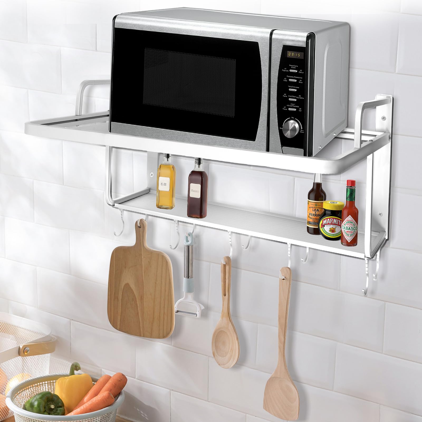 Estantería para microondas, 55 x 38 cm, soporte para microondas, 2 estantes extraíbles, estantería de cocina equipada con 10 ganchos de actividad, soporte para microondas, capacidad de carga