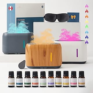 HABITU 240ml Aroma Flame Diffuser Black & 10 Essential Oils | 8 Flame Colors, 2 Mist/ 2 Brightness Settings, Timer, Remote | Aromatherapy Realistic Fire Humidifier & Aroma Oils for Small & Large Room