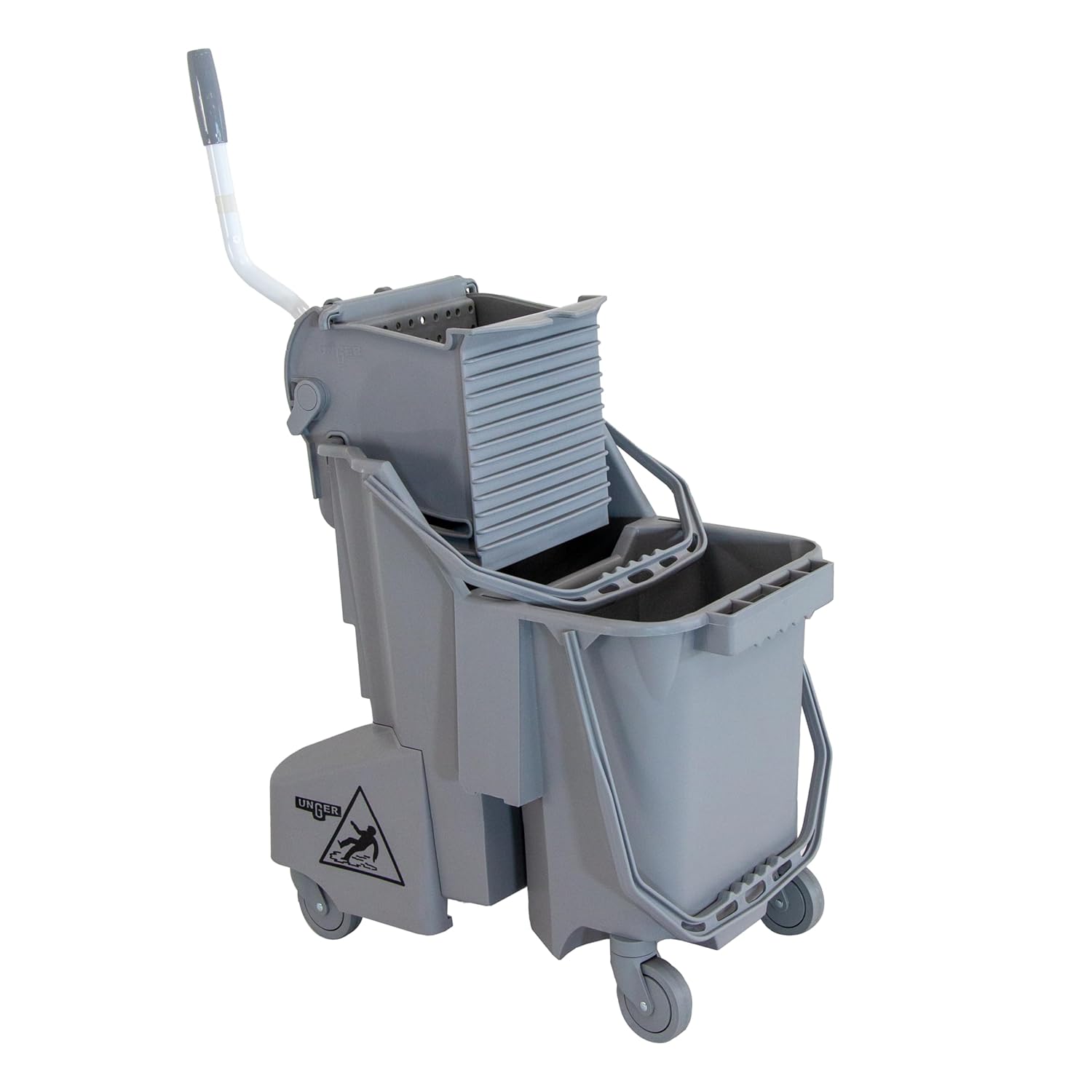 Unger Commercial Dual Bucket Mop System, Dual-Compartment Bucket with Side-Press Wringer for Clean/Dirty Water Separation, 8 Gallon, Gray, SmartColor Compatible - COMBG
