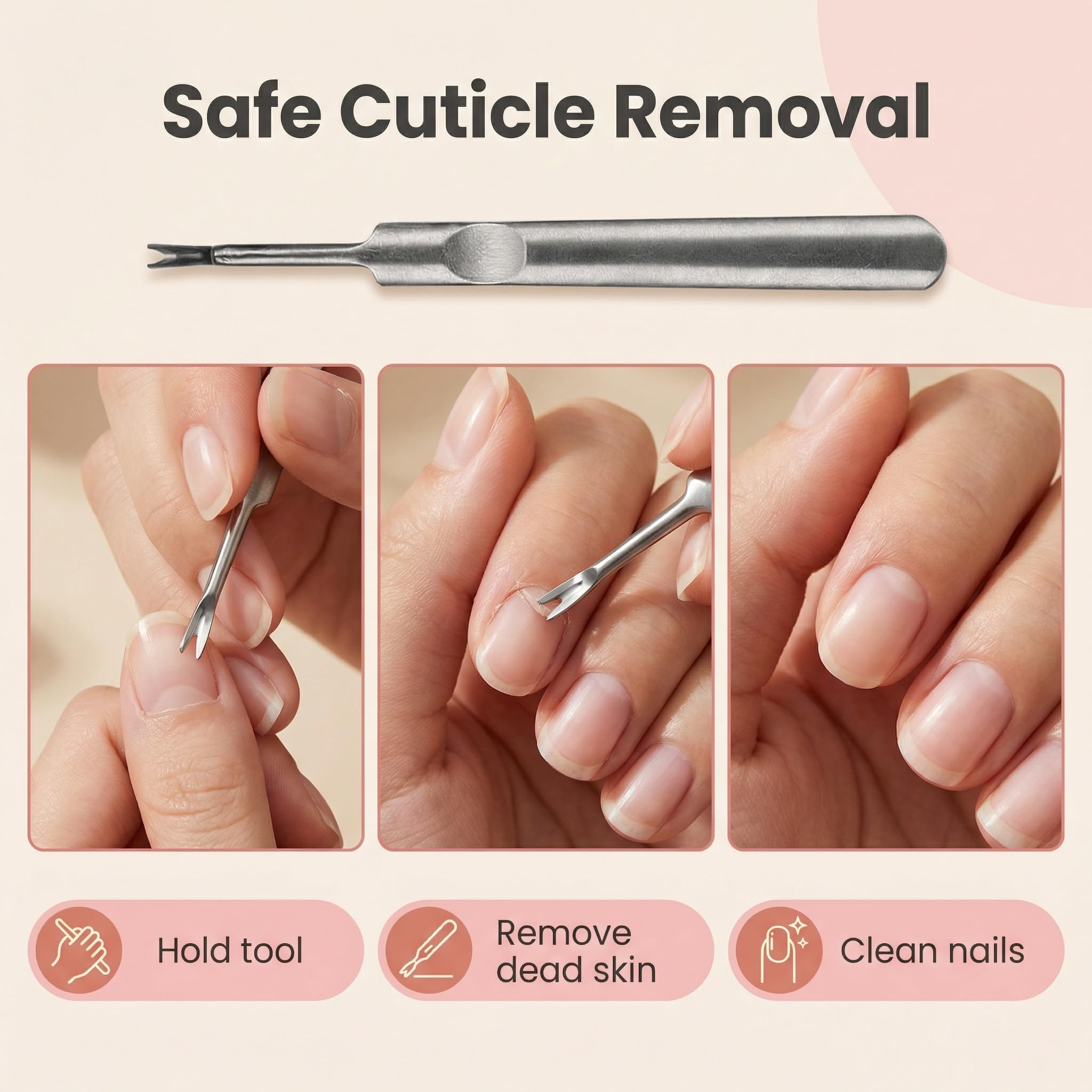 Empujador de cutículas profesional de acero inoxidable. Herramienta de manicura para adultos