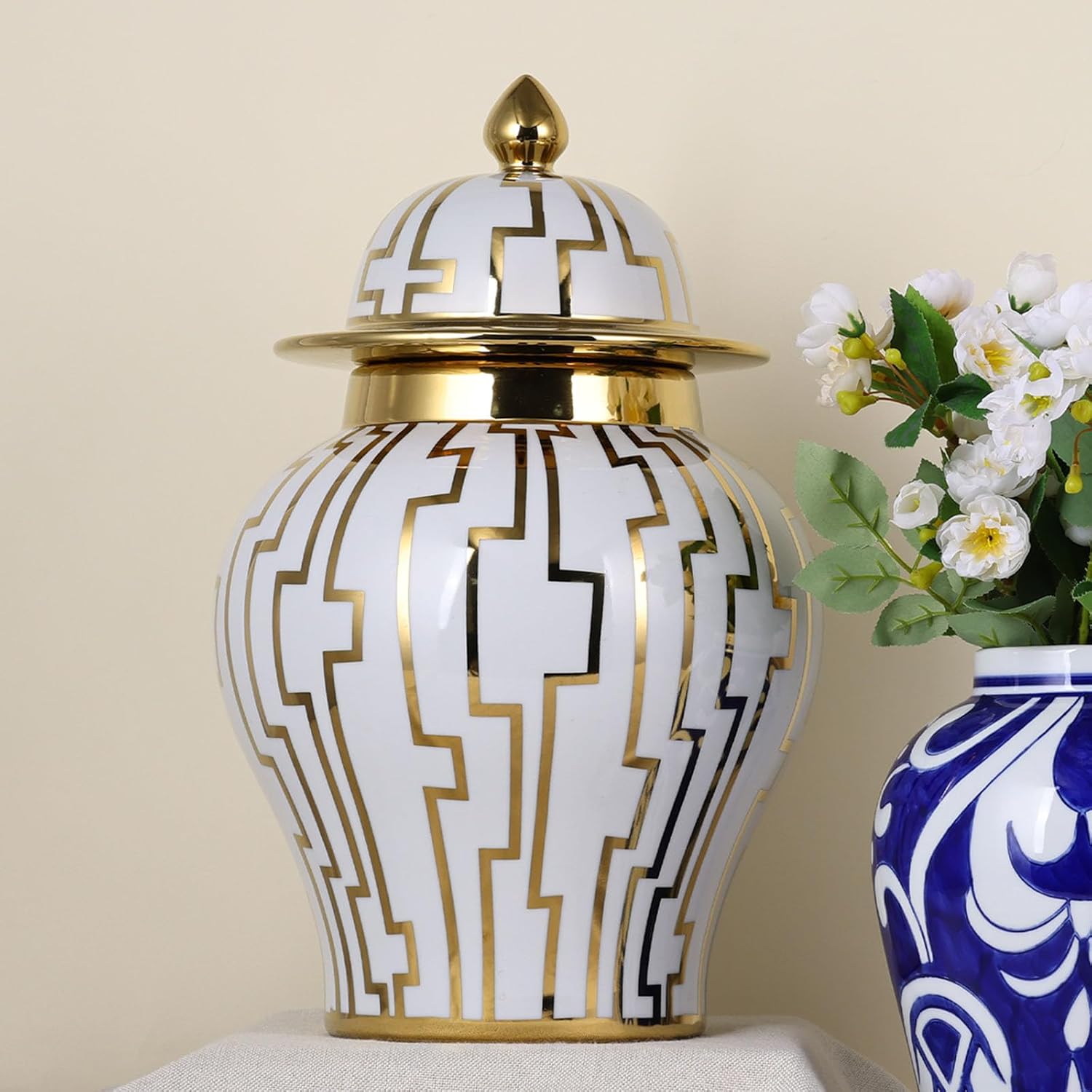 Large White and Gold Ginger Jar Vase - 15" Decorative Ceramic Ginger Jar with Lid, Modern White and Gold Vase for Home Decor, Living Room, Dining Table, Weddings, Office, and Mantle Fireplace Decor