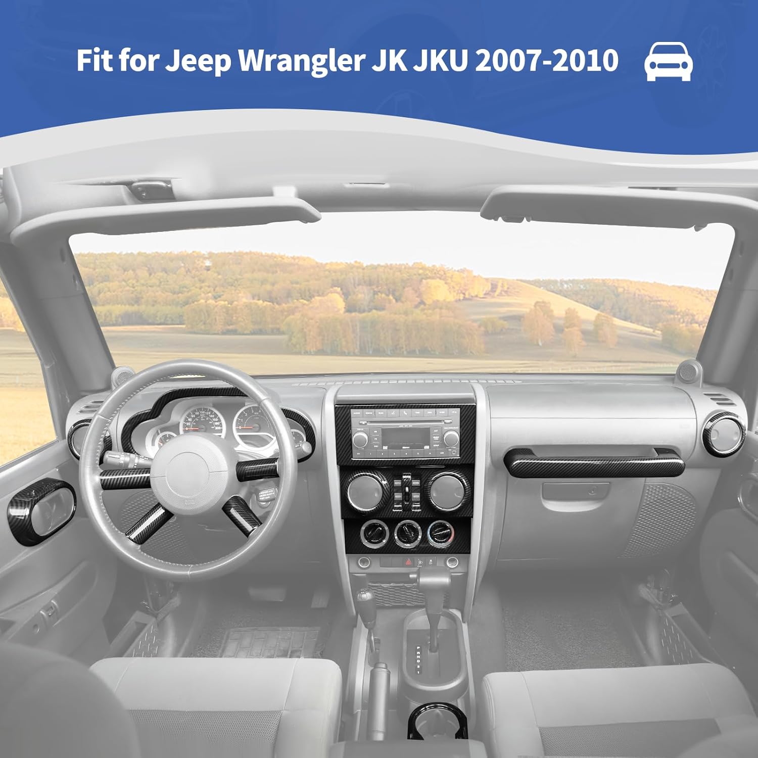 for Jeep JK Carbon Fiber Dashboard Center Console Interior Trim Cover for Jeep Wrangler JK JKU 2007-2010 Black Carbon Fiber Grain Interior Accessories 22pcs