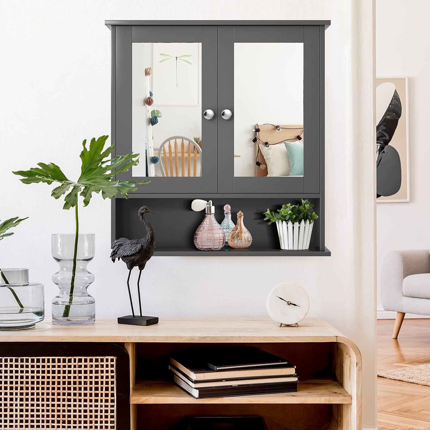 Medicine Cabinet with Mirror, Wall Mounted Bathroom Mirror Cabinet with Double Doors & Adjustable Shelf, Home Organizer, Multipurpose Storage Cabinet for Hallway Living Room (Grey)