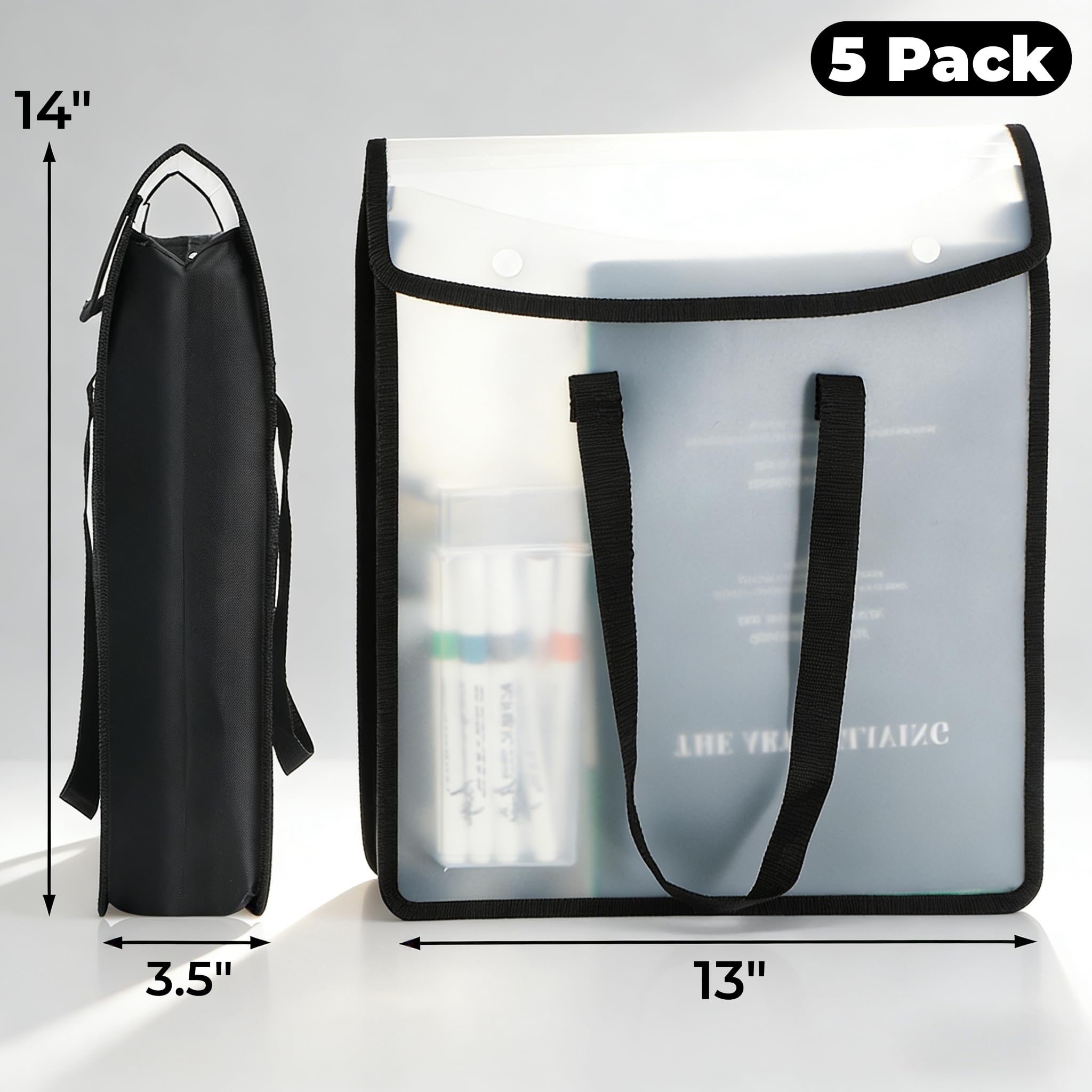 Paquete de 5 organizadores de almacenamiento expandibles de 14 x 13 pulgadas, carpetas de plástico negro con asa, soporte de papel de gran capacidad para documentos de cartulina de papel de