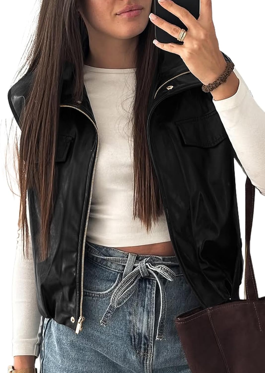 EVALESS Faux Leather Jacket Women Sleeveless Motorcycle Coat Zip Up Vest Jackets Fall Fashion Outfits Winter Clothes